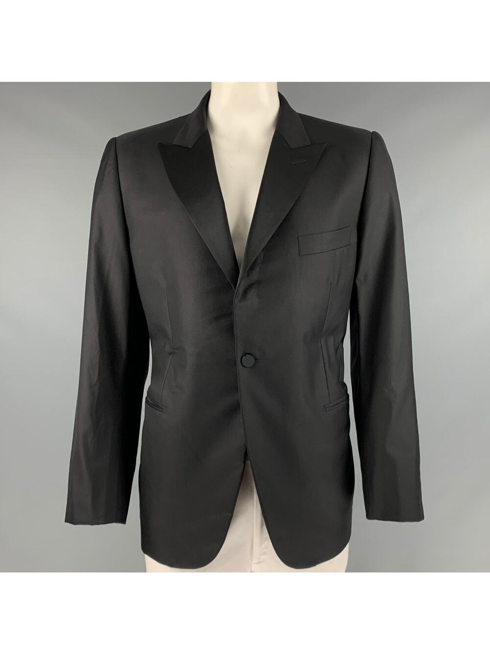 LANVIN Size 46 Black Wool Silk Tuxedo Sport Coat